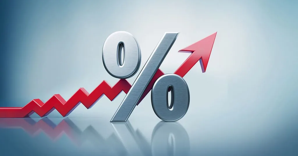 Percentage Sign With Red Arrow Moving Up On Defocused Background