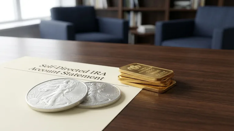 Stack of PAMP gold bullion bars and American Silver Eagle coins resting on a Self-Directed IRA account statement document