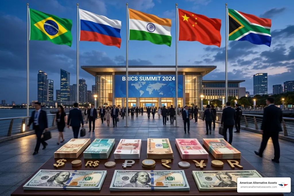 BRICS nations summit flags with US dollar currency - brics nations vs us dollar