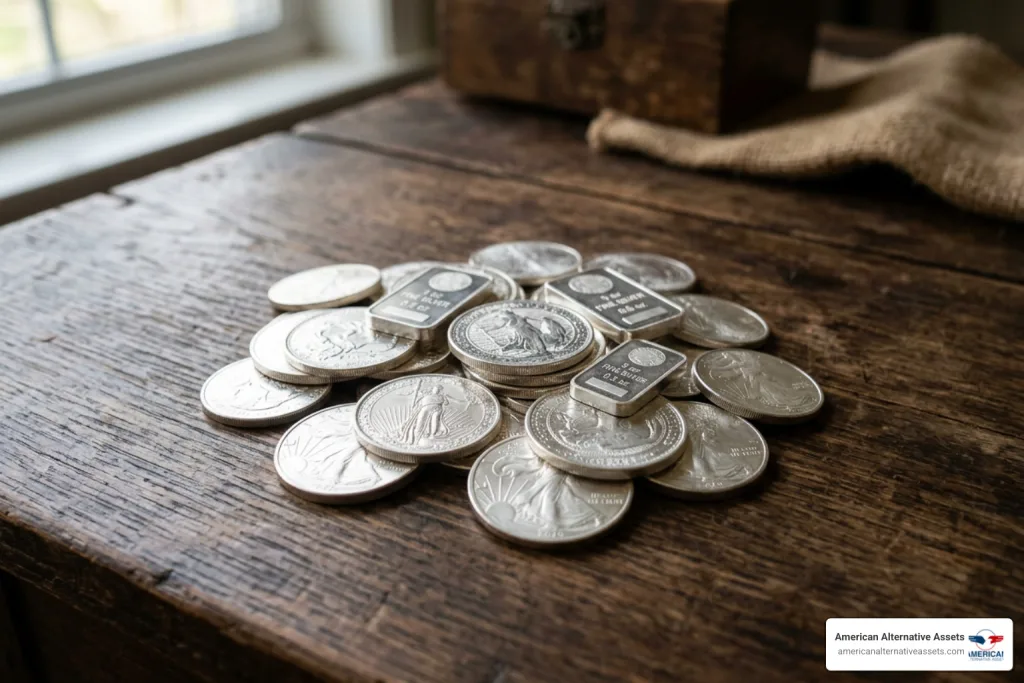 physical silver coins and bars representing wealth preservation