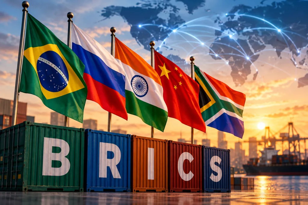 BRICS Flags At Global Trade Sunset